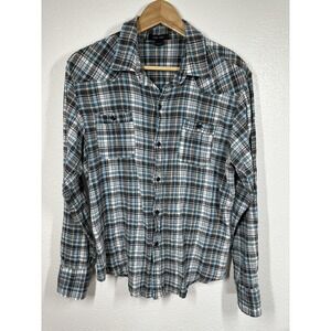 Pop Icon Shirt Womens Large Blue Gray Plaid Button Up Long Sleeve Western Casual
